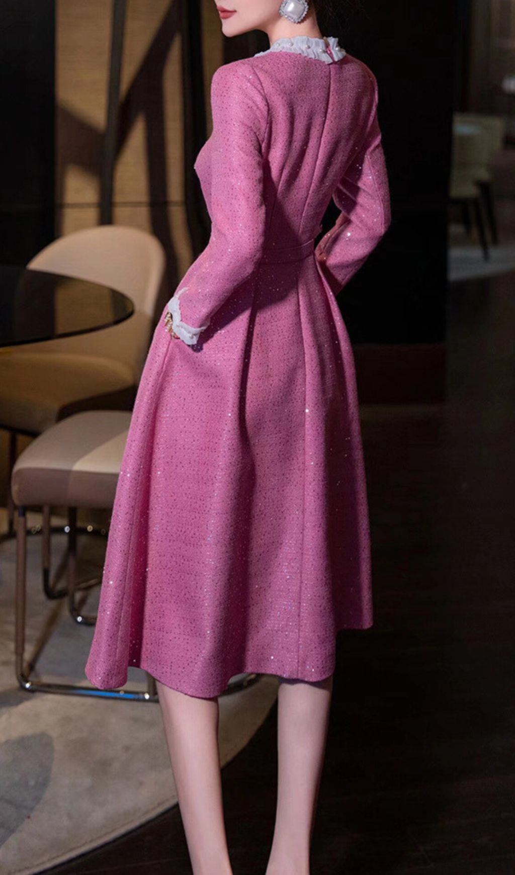 Chic Pink Sparkle Tweed Long Sleeve Belted Midi Dress