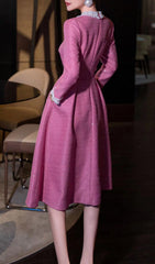 Chic Pink Sparkle Tweed Long Sleeve Belted Midi Dress