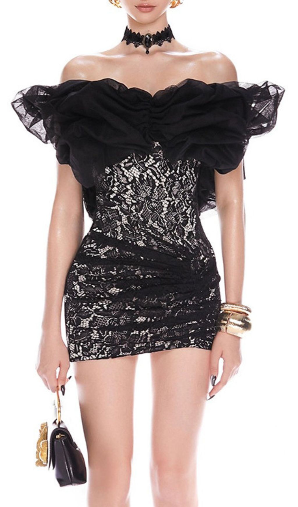Isqesis Black Lace Off-Shoulder Mini Dress