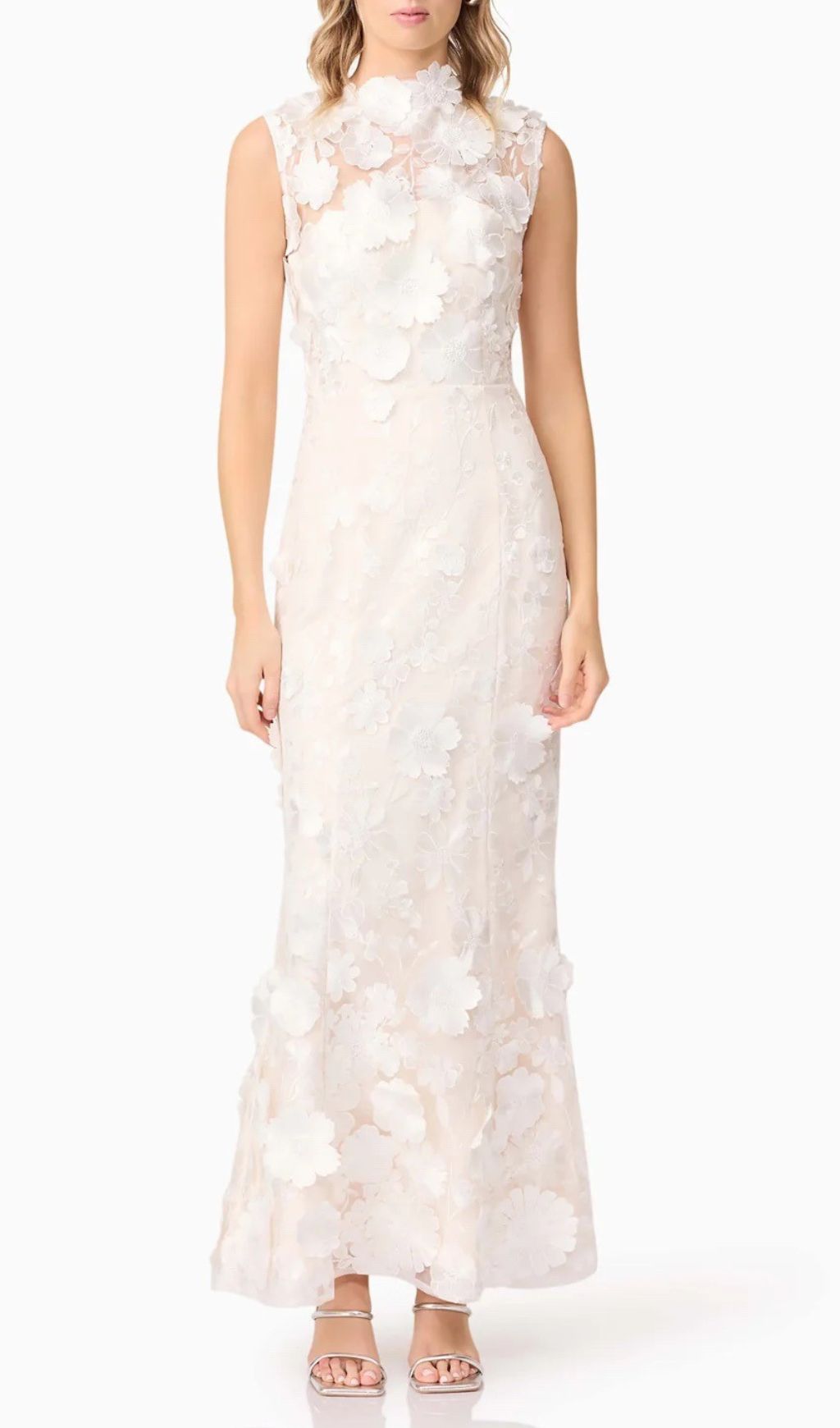 Enora White 3D Floral Appliqu Maxi Dress