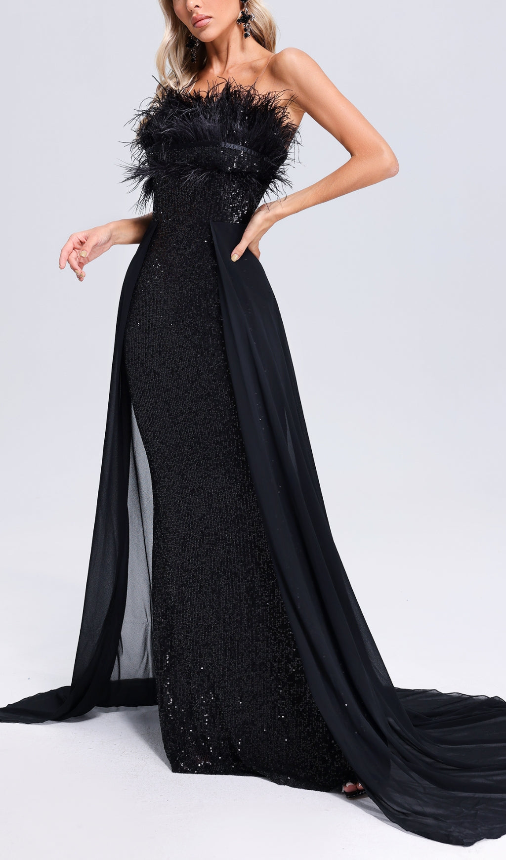 Dazzling Black Feather Sequin Strapless Maxi Gown with Chiffon Overlay