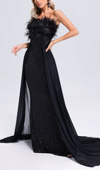 Dazzling Black Feather Sequin Strapless Maxi Gown with Chiffon Overlay