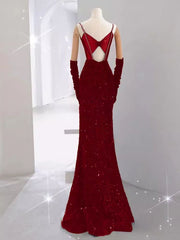 Wine Red Sequins Mermaid Straps Long Formal Dress