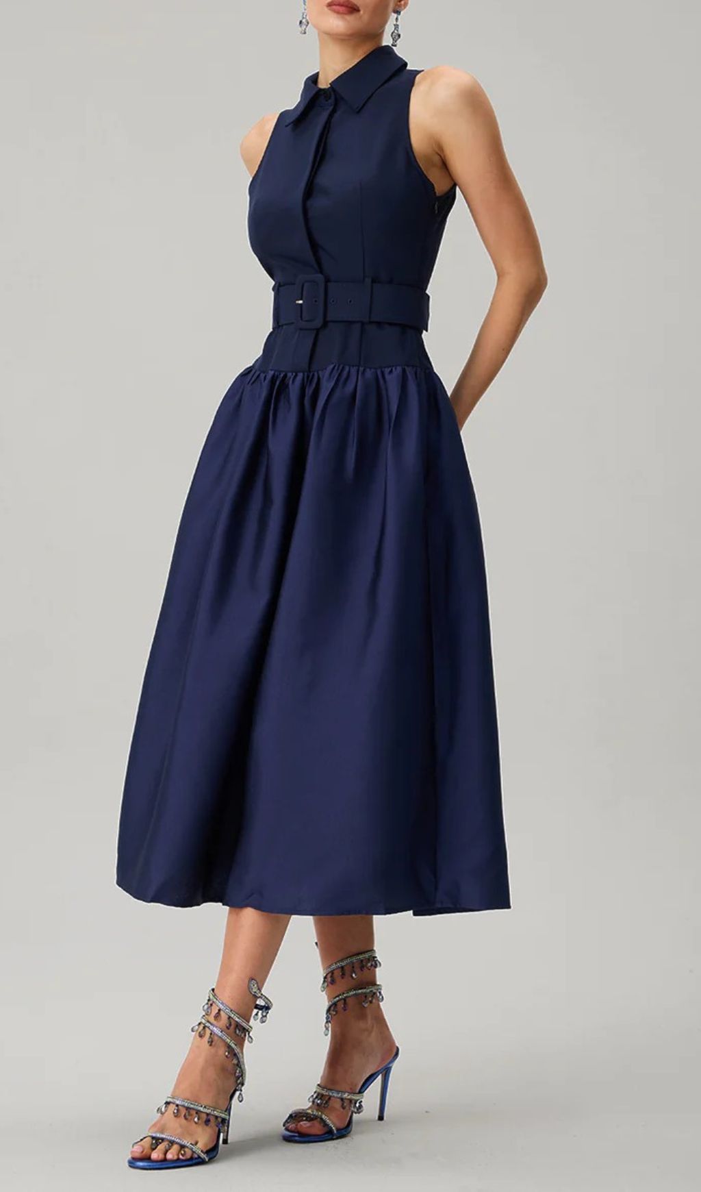 Jovisonic Chic Navy Belted Midi Dress