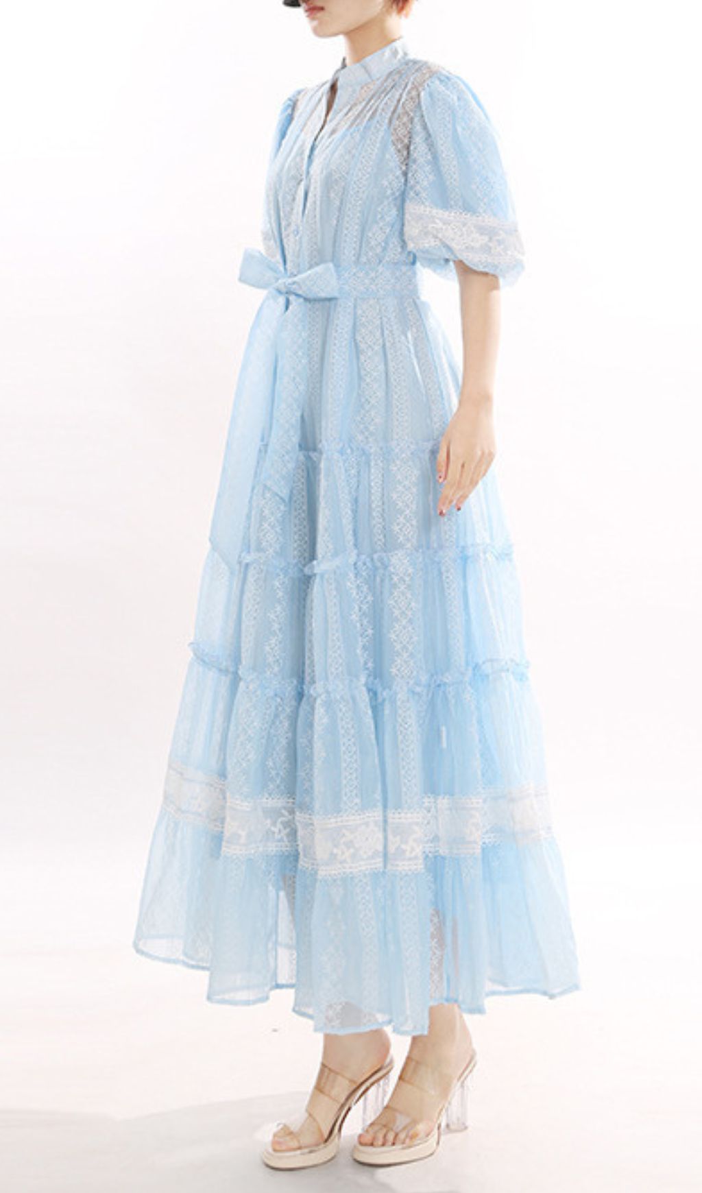 Jerilyn Dreamy Blue Lace Puff-Sleeve Tiered Midi Dress for Women