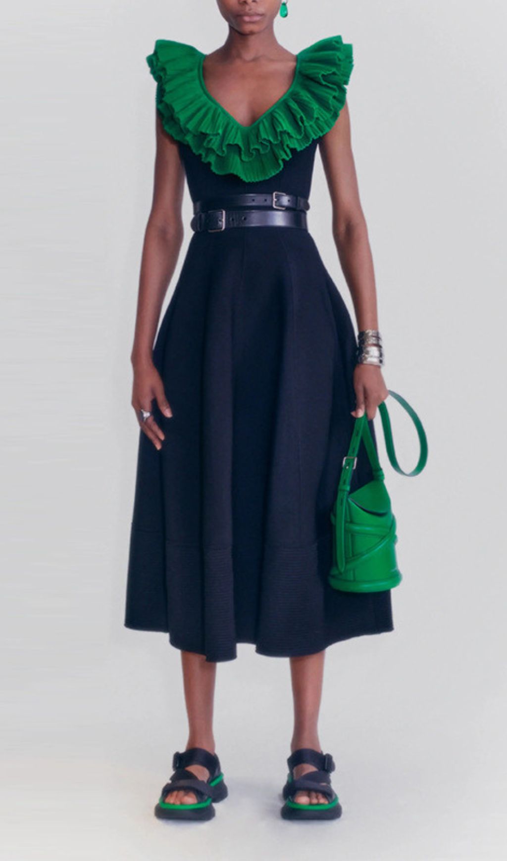 Emmalyn Statement Green Flounce Plunge Midi Dress