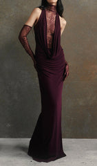 Elegant Wine Red Cascade Lace Deep-V Halter Maxi Gown