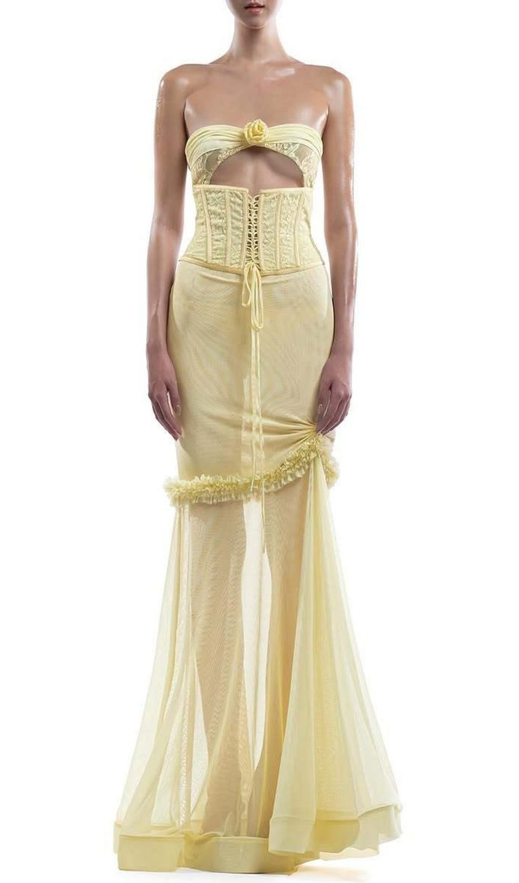 Evren Yellow Ethereal Strapless Corset Maxi Dress with Ruffles