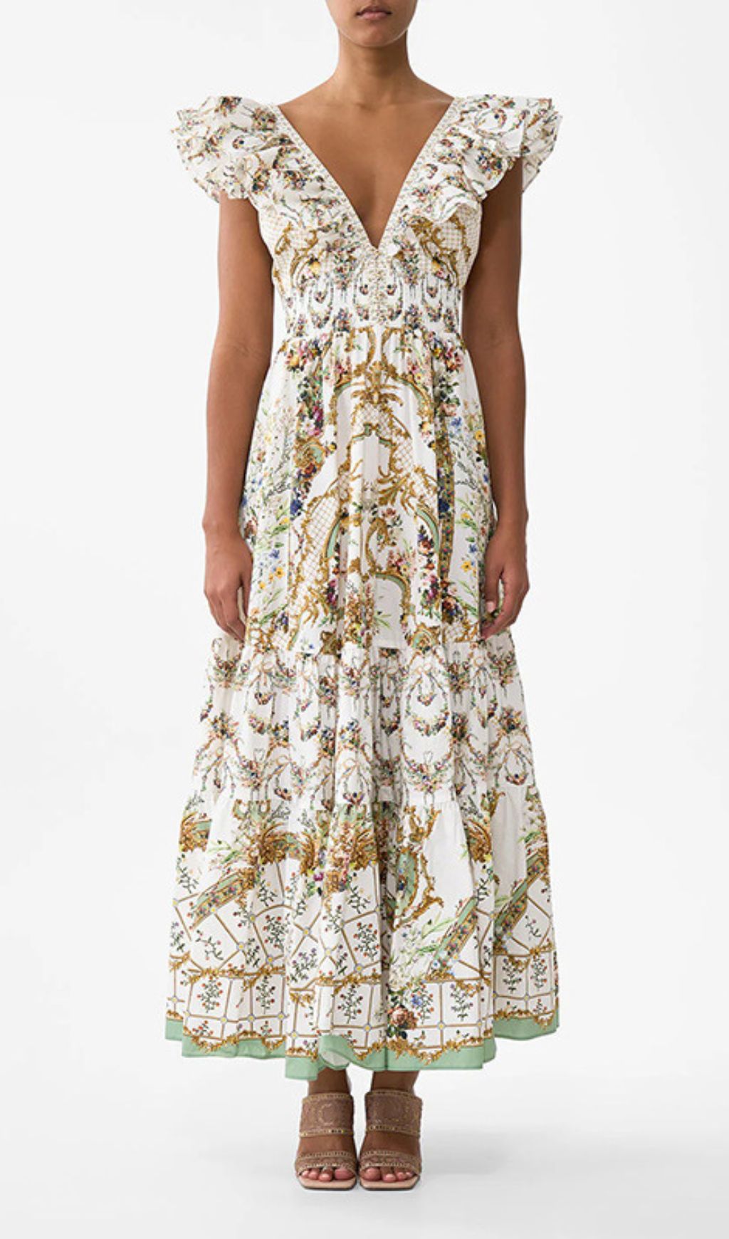 Harding Elegant Floral V-Neck Tiered Maxi Dress