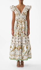 Harding Elegant Floral V-Neck Tiered Maxi Dress