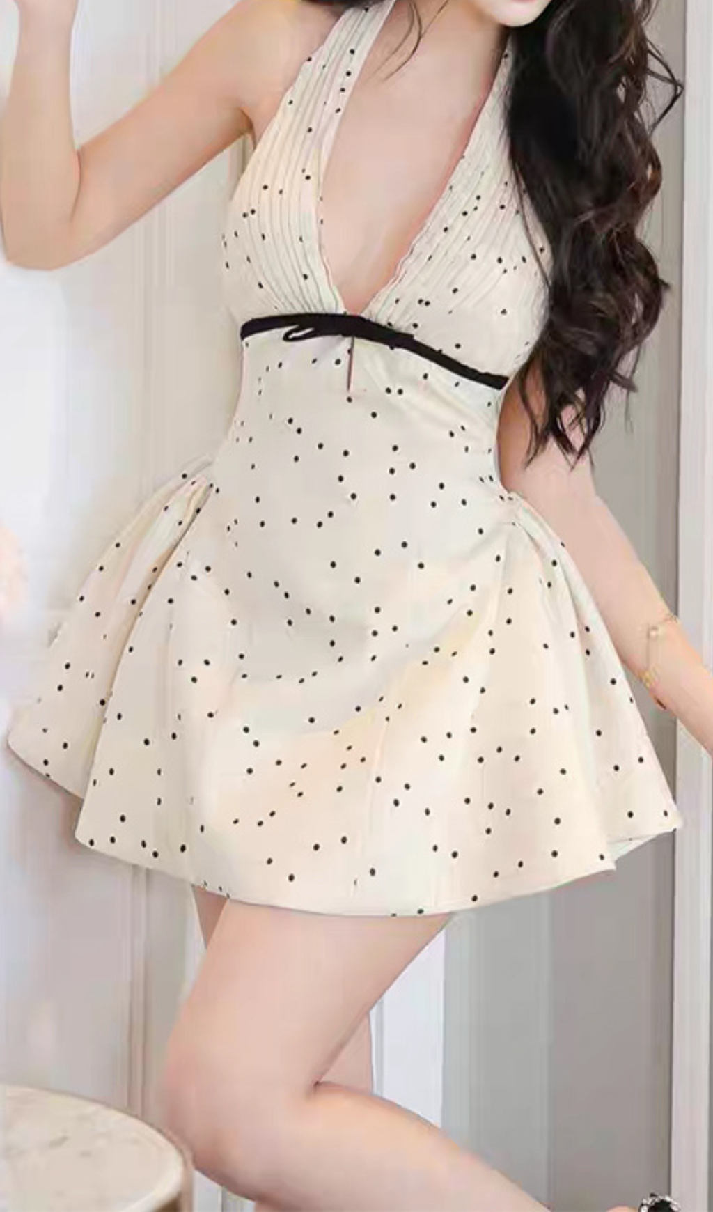 Gergana Chic Polka Dot Halter V-Neck Pleated Mini Dress
