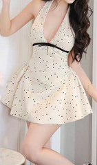 Gergana Chic Polka Dot Halter V-Neck Pleated Mini Dress