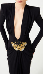 Ceana Black Deep-V Long Sleeve Maxi Dress