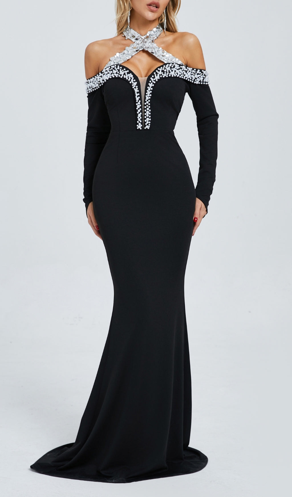 Damir Glamorous Beaded Off-Shoulder Long Sleeve Maxi Dress