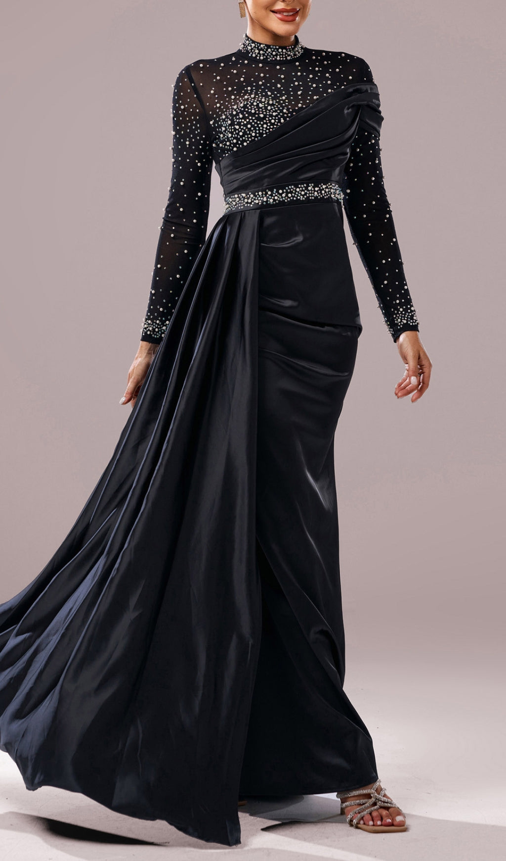 Dell Black Pearl Embellished Long Sleeve Maxi Dress