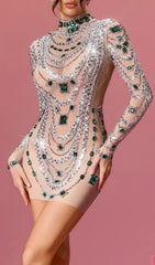 Bruxira Dazzling Emerald & Crystal Illusion Mini Dress