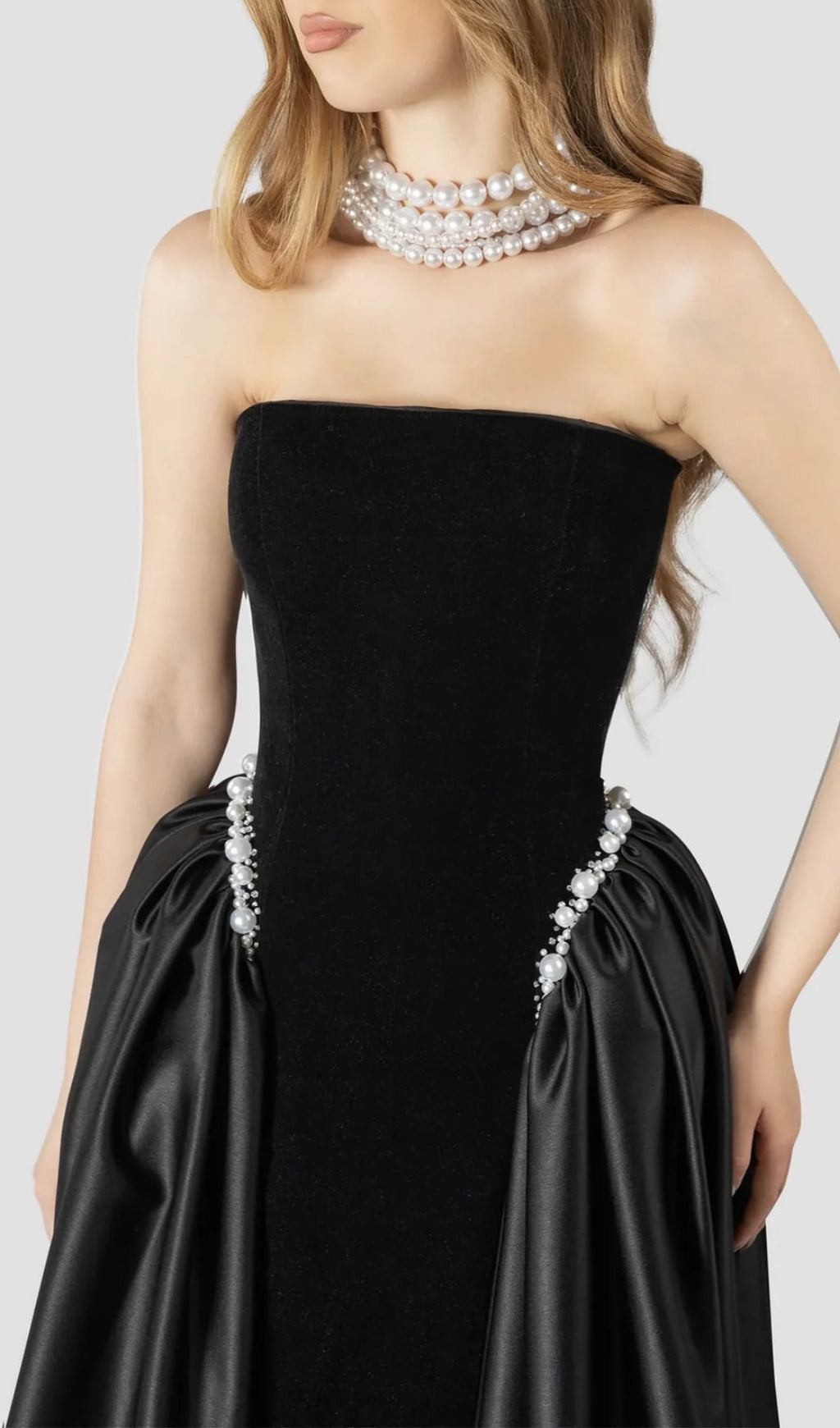 Diva Black Velvet & Satin Strapless Formal Gown with Pearl Embellishments
