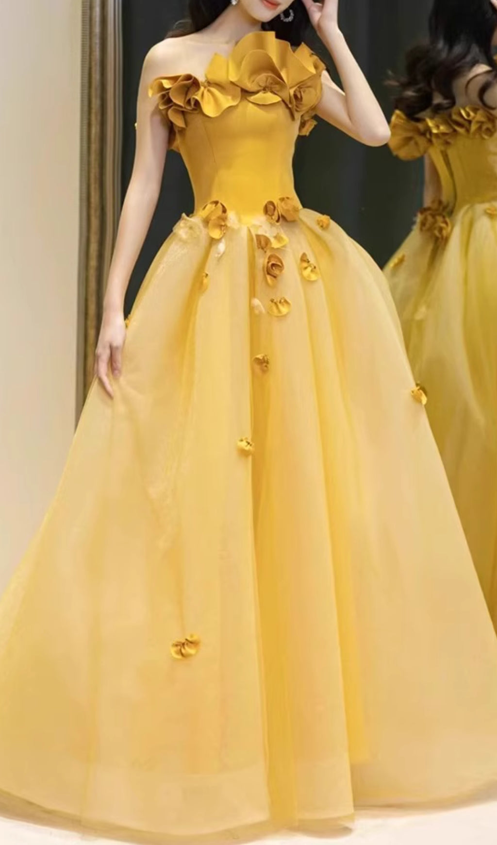 Radiant Dalia Yellow Floral Strapless Maxi Gown