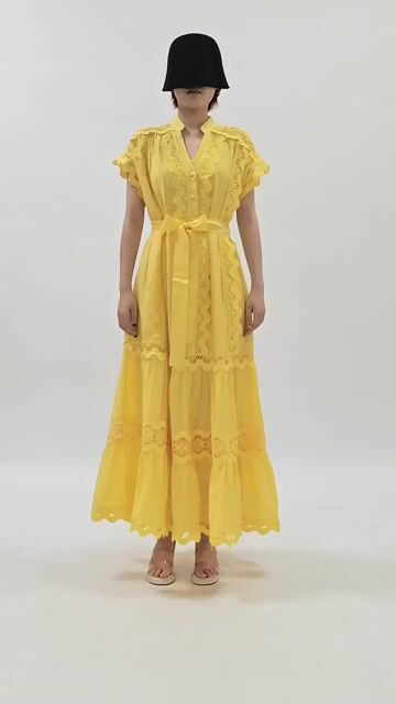 Fritzi Yellow Bohemian V-Neck Lace Tiered Maxi Dress for Women