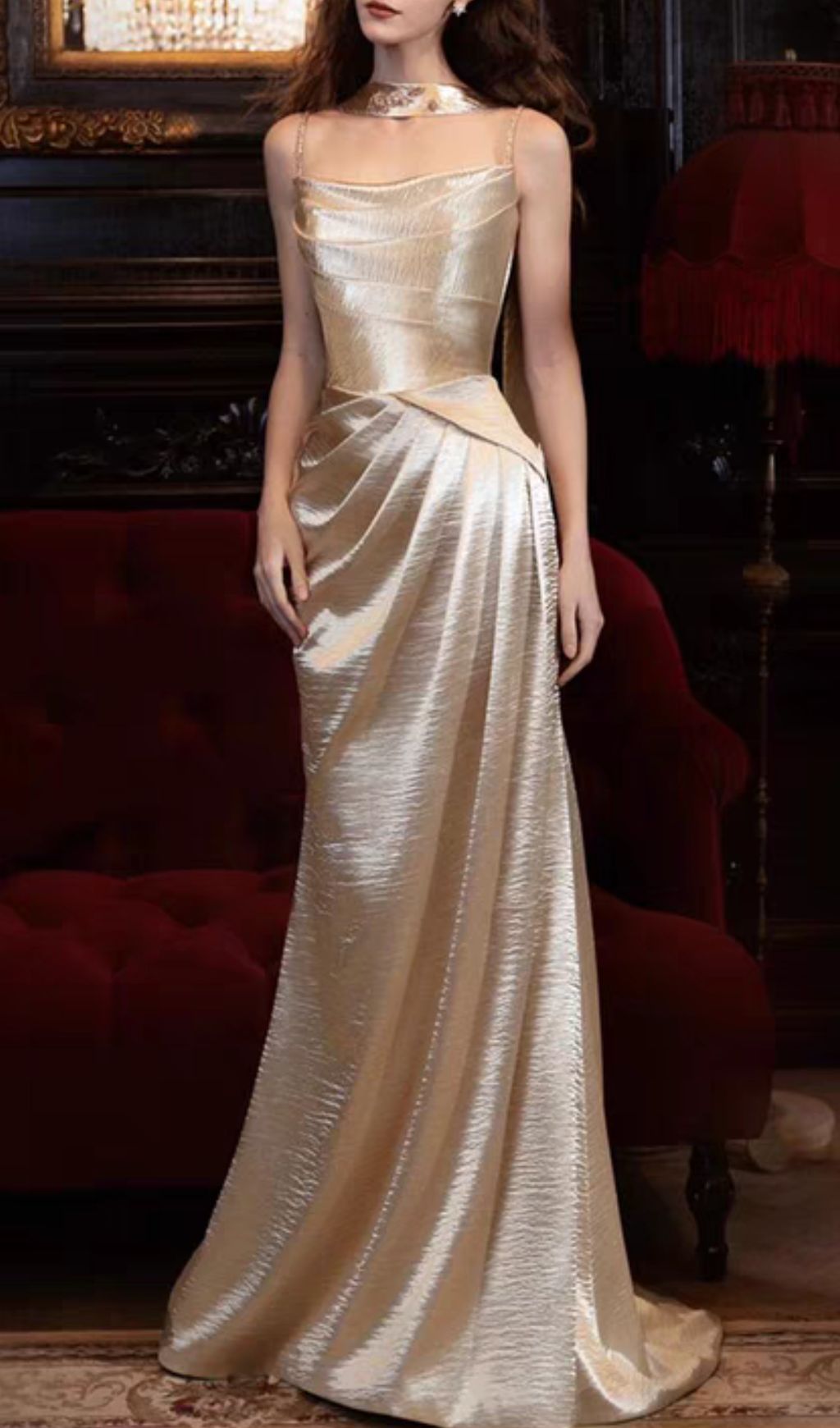 Opulent Champagne Gold Ruched Spaghetti Strap Maxi Gown