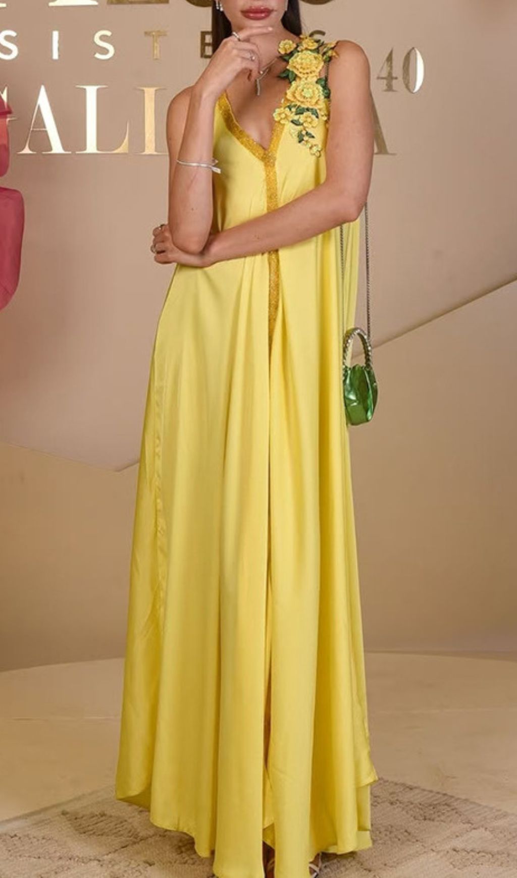 Inge Radiant Yellow Halter Maxi Dress with 3D Floral Appliques