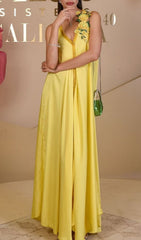 Inge Radiant Yellow Halter Maxi Dress with 3D Floral Appliques