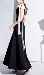 Chic Black One-Shoulder Maxi Gown with Contrast White Bow Detail