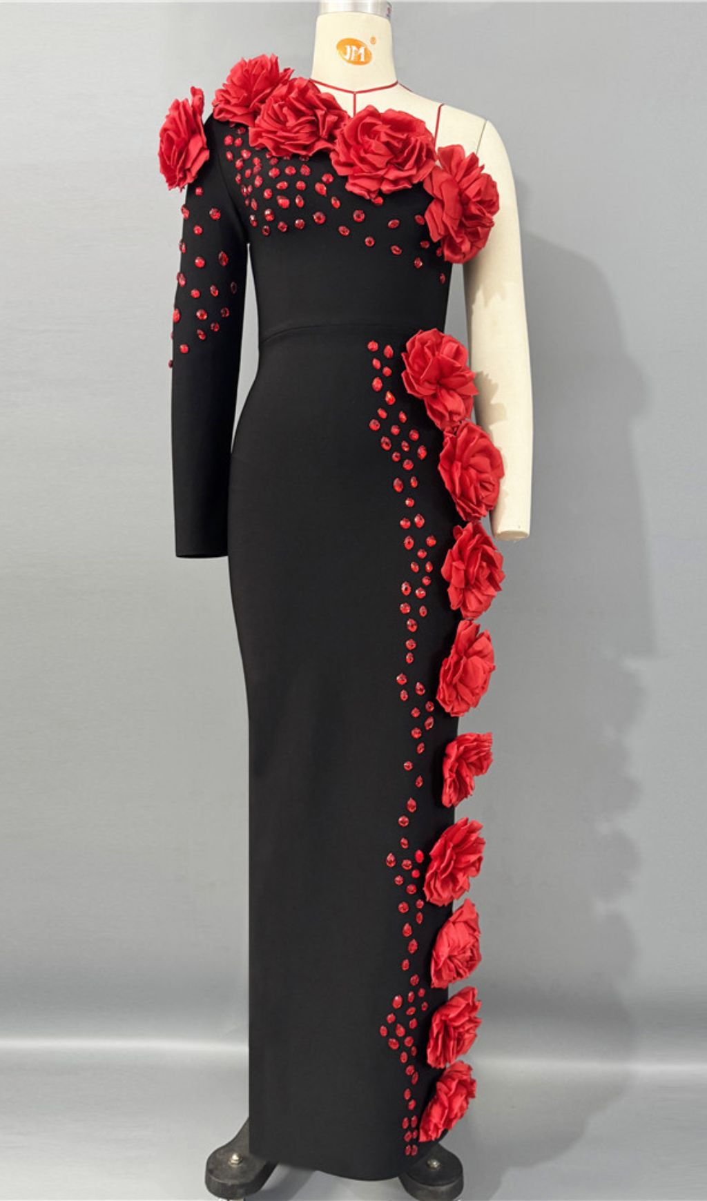 Giorgia Black & Red Rose One-Shoulder Maxi Dress