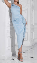 Caridad Elegant Blue One-Shoulder Lace Ruffle Midi Dress