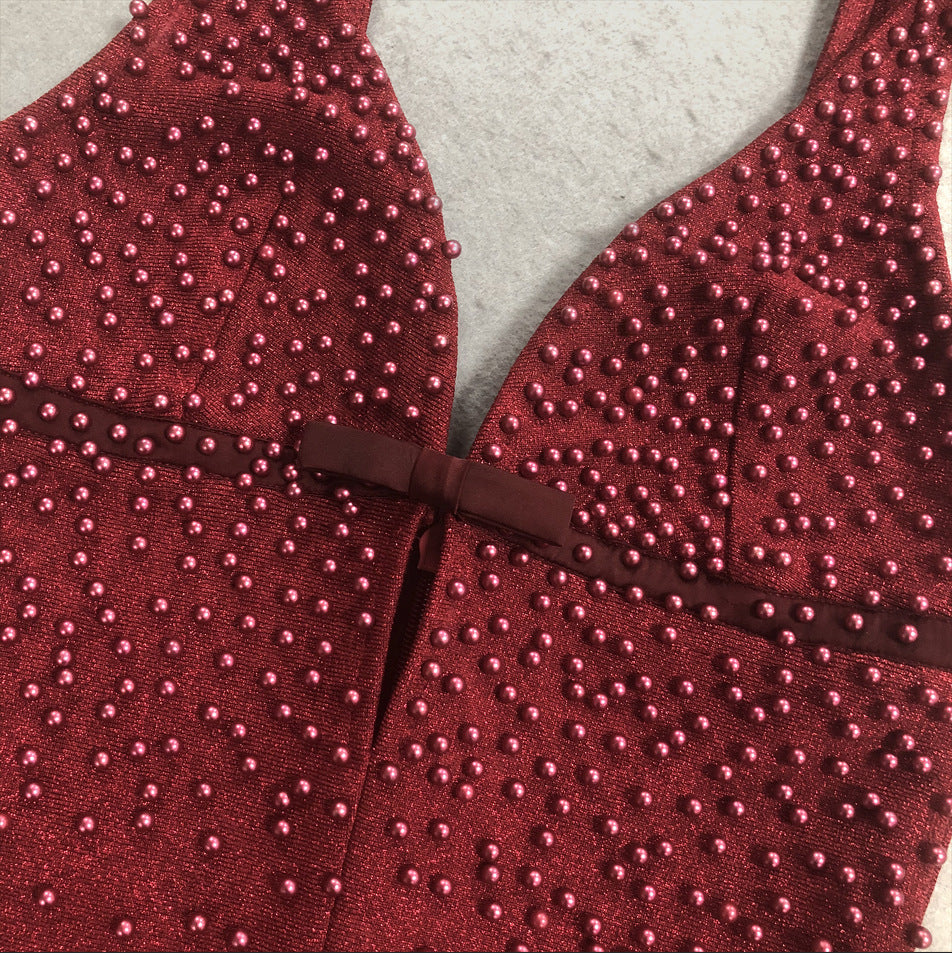 Jenaya Red Pearl Embellished Bodycon Maxi Gown