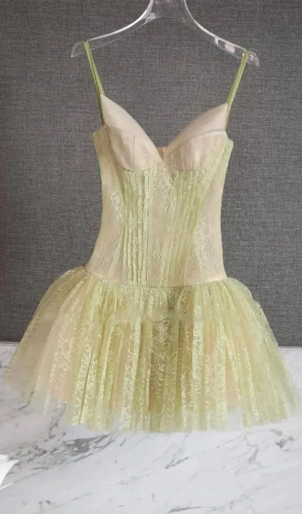 Sage Green Lace Corset Mini Dress with Tulle Skirt
