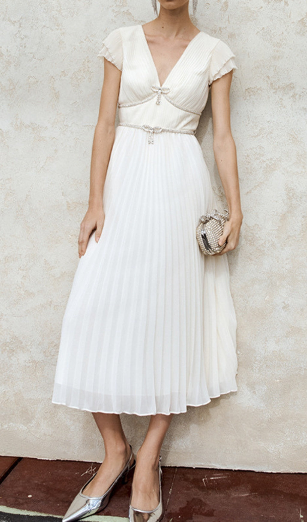 Eternity Elegant White Pleated V-Neck Midi Dress