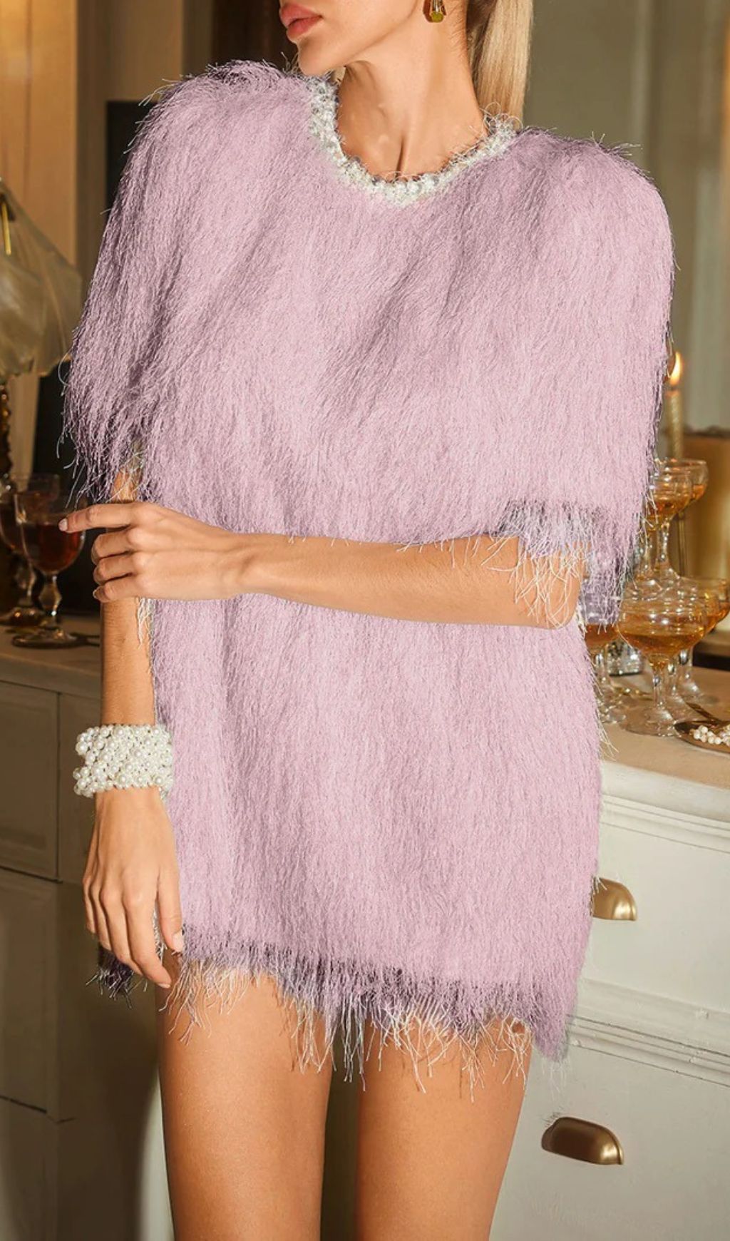 Celena Dazzling Pink Pearl Fringe Mini Dress