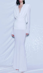Glamorous White Draped V-Neck Long Sleeve Backless Maxi Dress