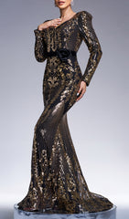 Chapa Glamorous Gold Sequin Long Sleeve Maxi Evening Gown