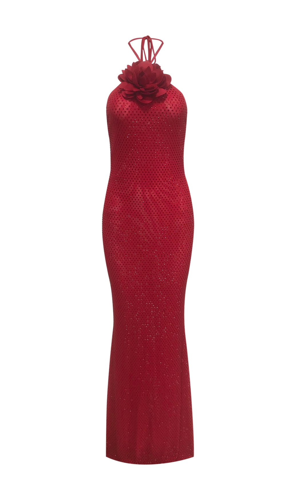 Deimena Glamorous Red Crystal Halter Maxi Gown