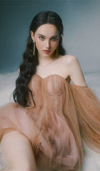 Dolly Dream Khaki Off-Shoulder Mesh Mini Dress