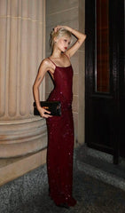 Itziar Dazzling Red Diamante Ruched Maxi Gown