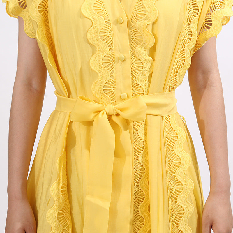 Fritzi Yellow Bohemian V-Neck Lace Tiered Maxi Dress for Women