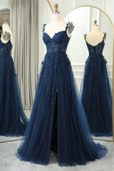 A-line Navy Blue Tulle Sweetheart with Lace Prom Dress