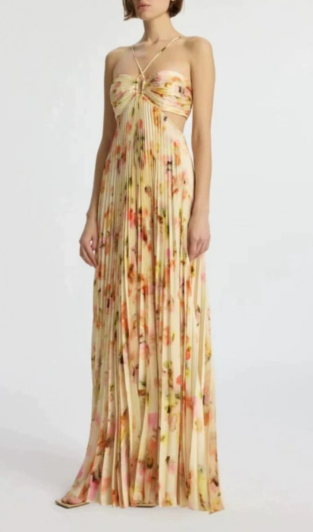 Elvan Floral Pleated Backless Maxi Dress with Chic Cutouts