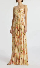 Elvan Floral Pleated Backless Maxi Dress with Chic Cutouts