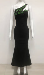 Black One-Shoulder Emerald Embellished Maxi Dress