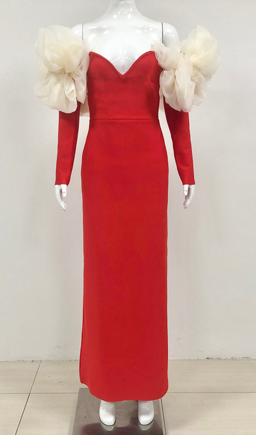Cezary Red Sculptural Ruffle Off-Shoulder Maxi Gown