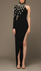 Aubree Luxe Crystal Embellished Asymmetrical Black Maxi Dress