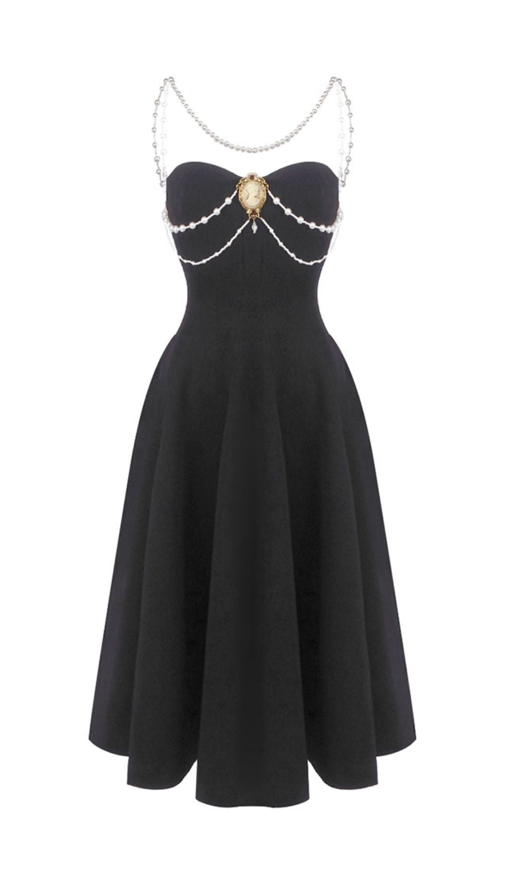Ilyssa Black Pearl Draped Strapless Midi Dress