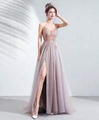 Pink Chic Tulle Slit V-neckline Beaded Party Dresses