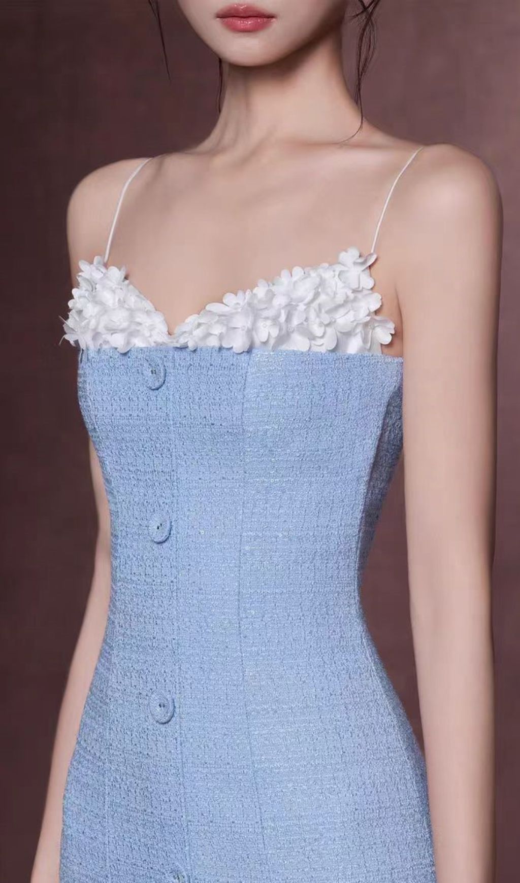 Juana Blue Floral Tweed Strappy Slit Midi Dress