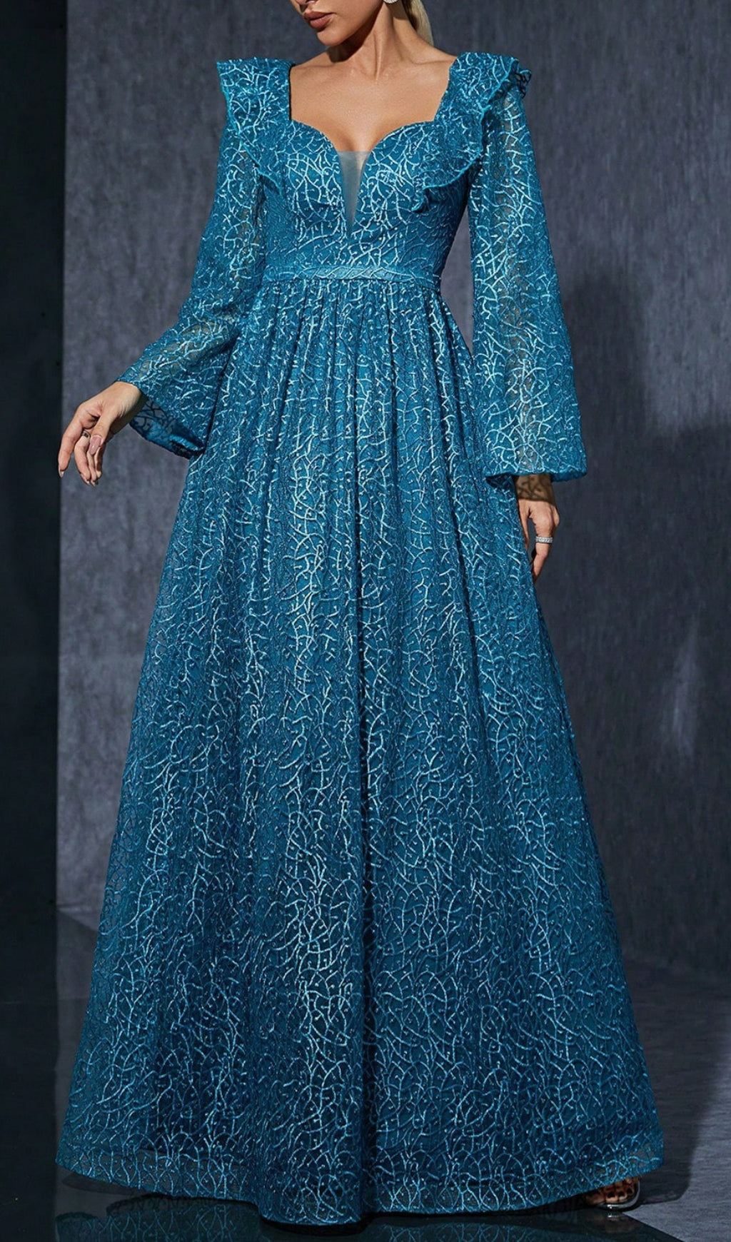 Divya Blue Shimmer Lace V-Neck Maxi Dress