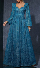 Divya Blue Shimmer Lace V-Neck Maxi Dress